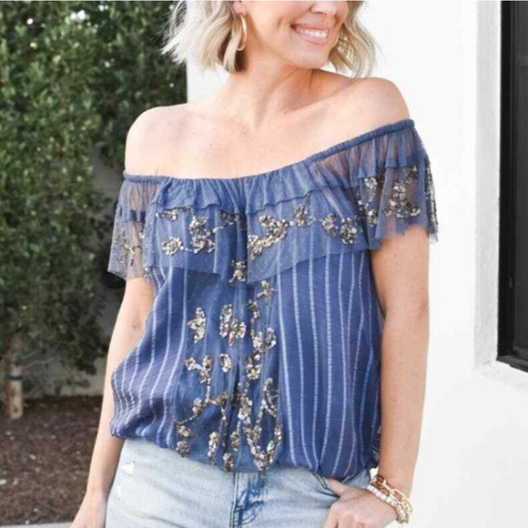 Free People Wild Moon Top Size Small Blue With Gold Sequins - Picture 2 of 9